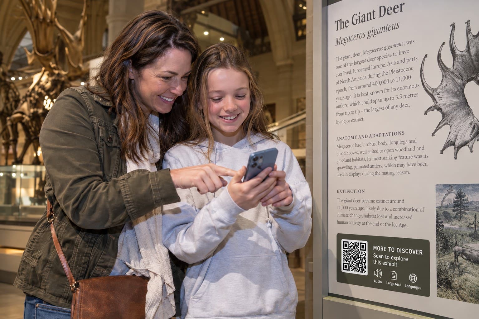 A mother and daughter at a museum exhibit scanning the QR code on a digital information board to hear more about the display