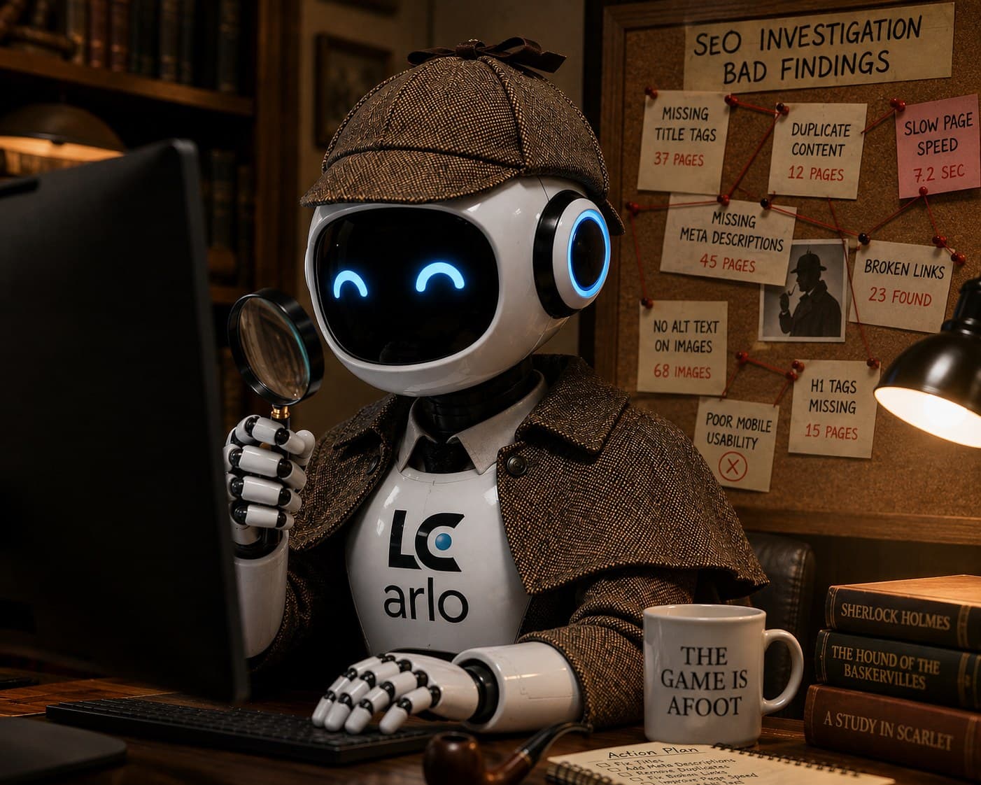 Arlo dressed as a detective, investigating a website's SEO issues on a case board — missing title tags, broken links, slow page speed and more