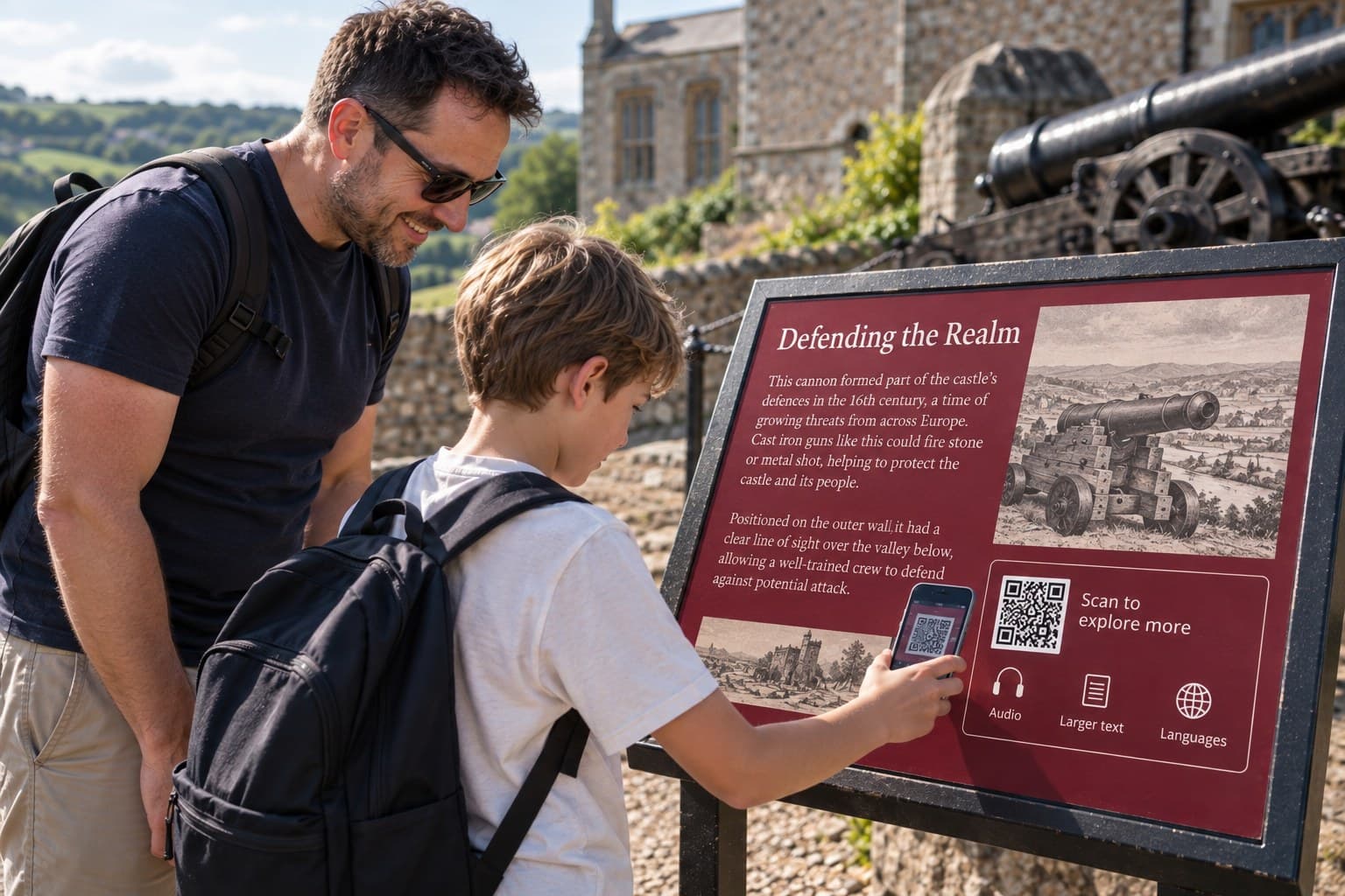 A father and son reading a castle information board with a QR code to scan and explore more, beside an old cannon