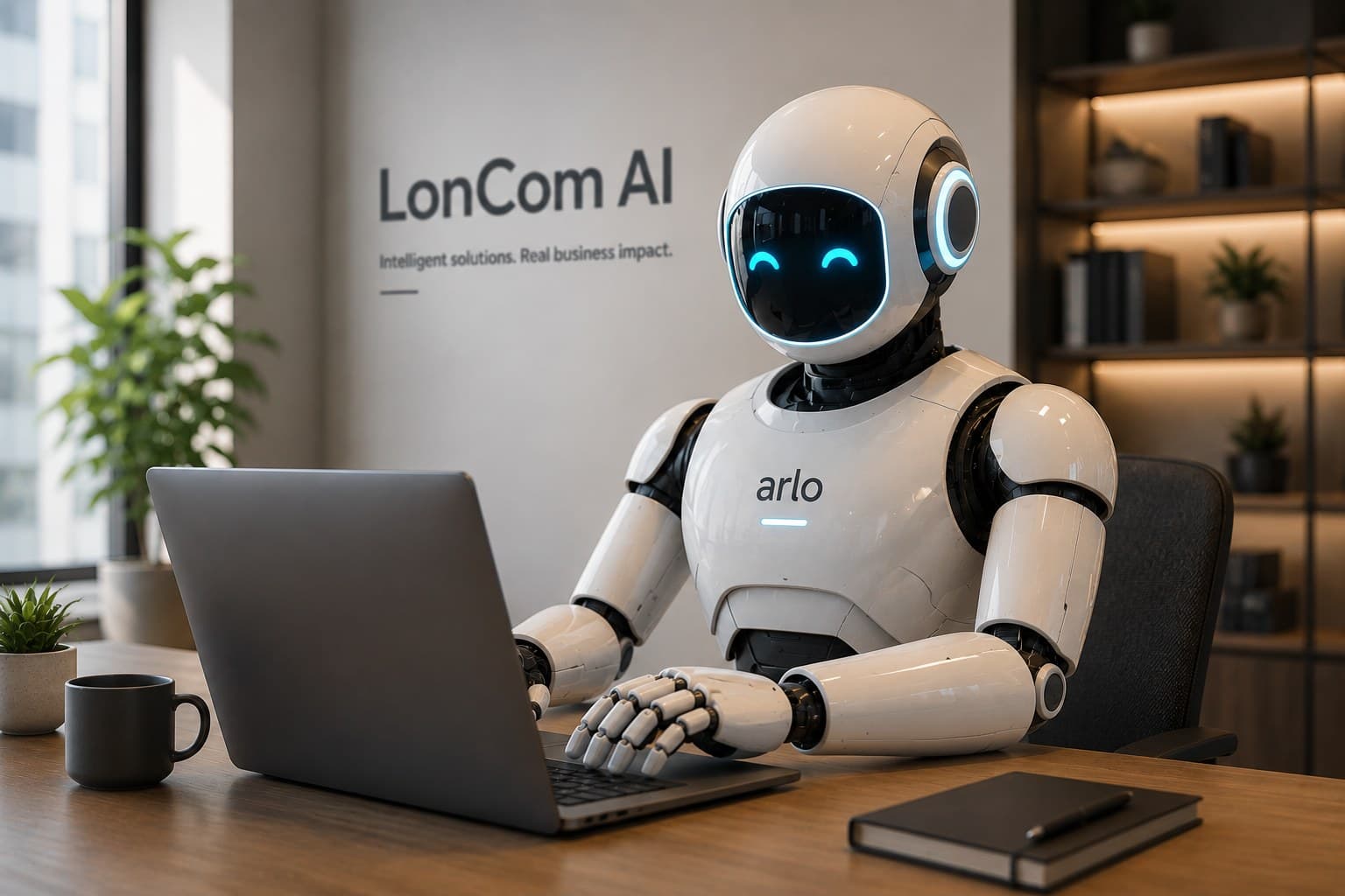 A humanoid AI robot working at a laptop in a modern LonCom AI office